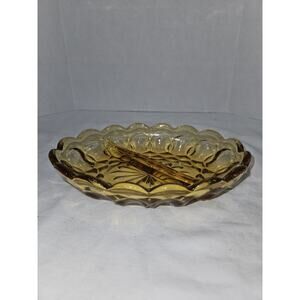 Vintage Anchor Hocking Amber Glass Divided Oval Dish Nuts Relish Scalloped Edge